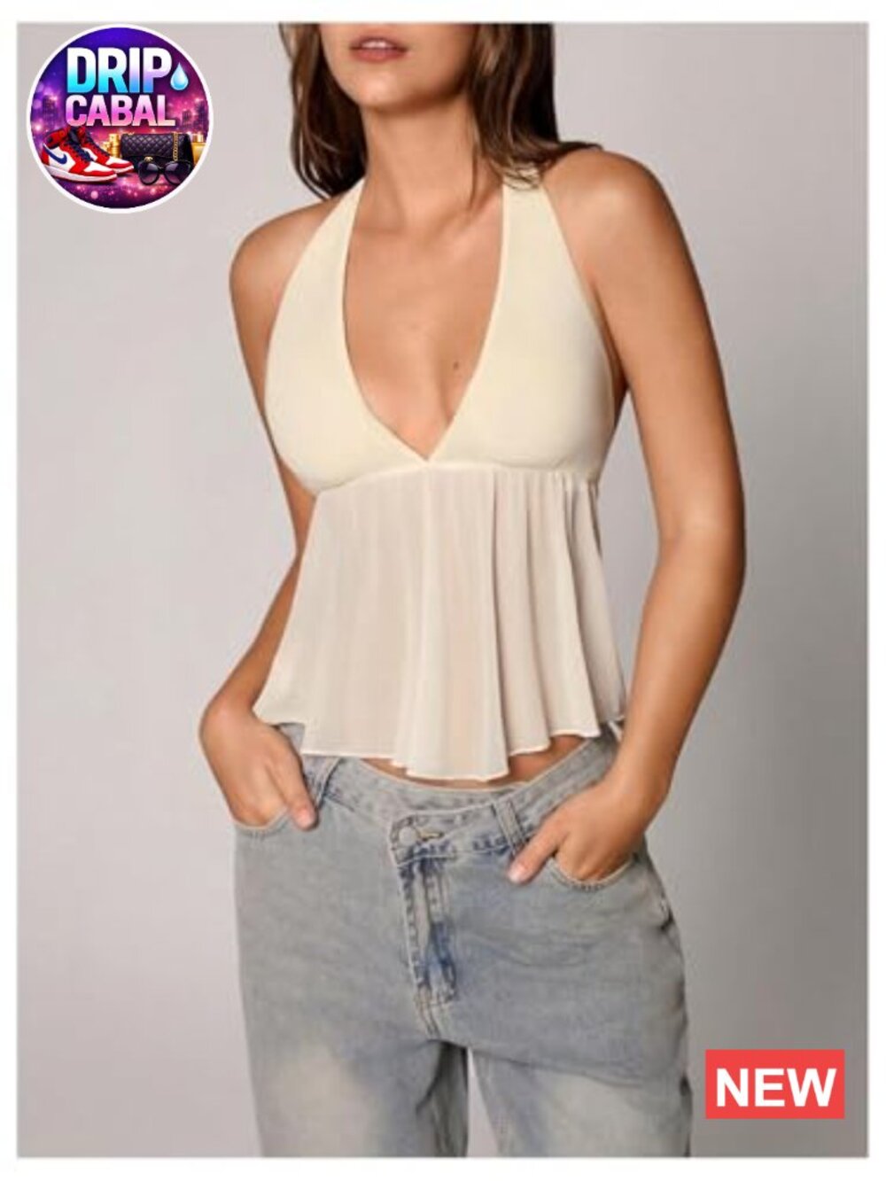 Mesh Sheer Tie Back Halter Crop Top Peplum Ruffle Sleeveless Summer Top - Picture 5 of 5